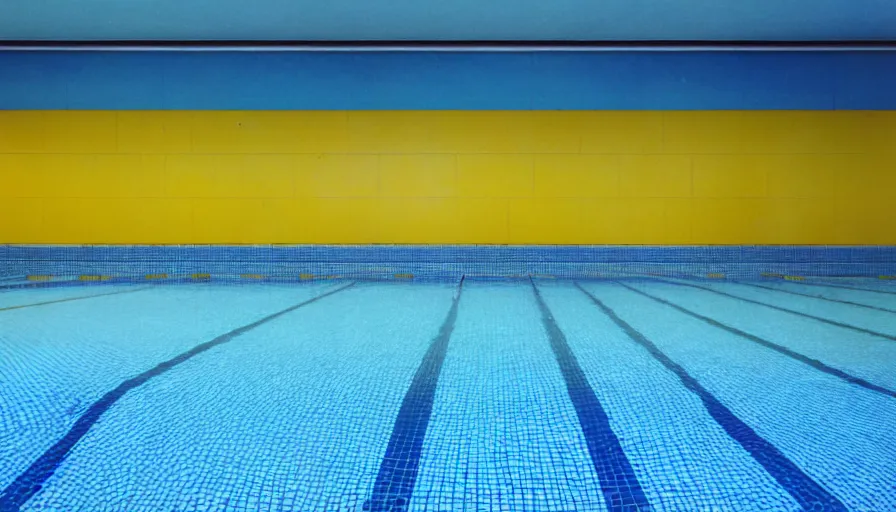 Prompt: 1 9 6 0 s movie still of an empty blue and yellow tiles municipal swimmingpool, high quality, high detail, liminal space style