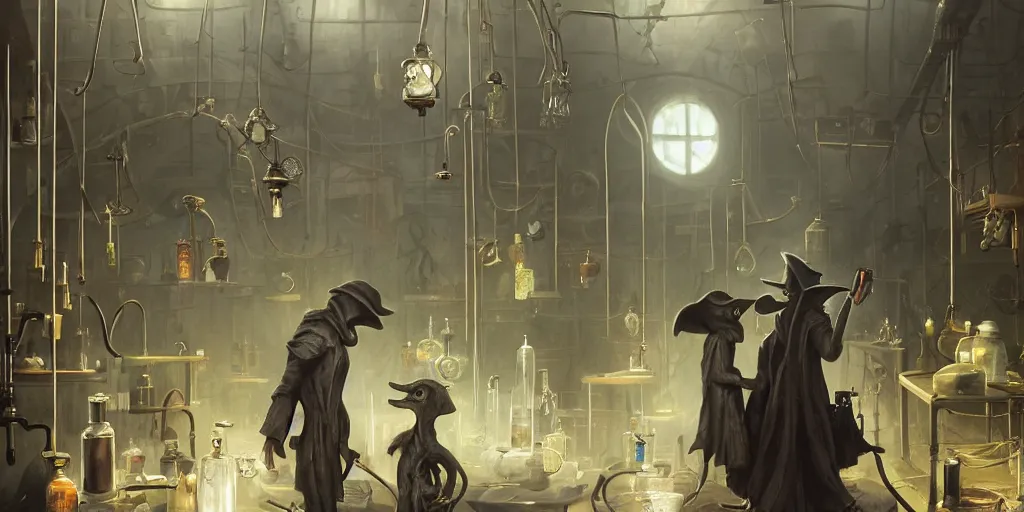 Prompt: a plague doctor and a humanoid rat in a laboratory with lots of flasks filled with magic liquids and poisonous fog, stephen bliss, unreal engine, fantasy art by greg rutkowski, loish, rhads, ferdinand knab, ilya kuvshinov, rossdraws, tom bagshaw, global illumination, radiant soft light, detailed and intricate environment