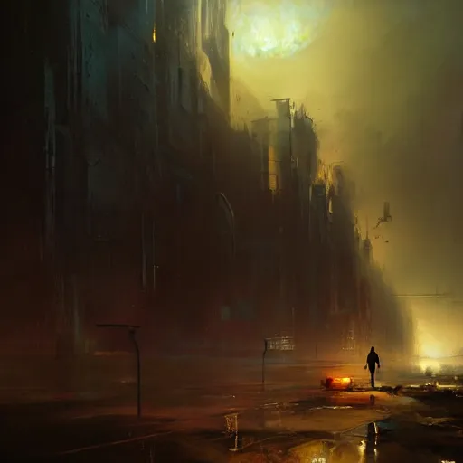 Image similar to world coming to an end, dramatic lighting, Greg Rutkowski and Craig Mullins