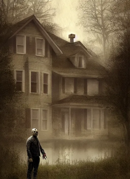 Image similar to jason voorhees standing in front of a house on a rainy day, a digital rendering by gregory crewdson, trending on cgsociety, american scene painting, ominous vibe, matte drawing, atmospheric