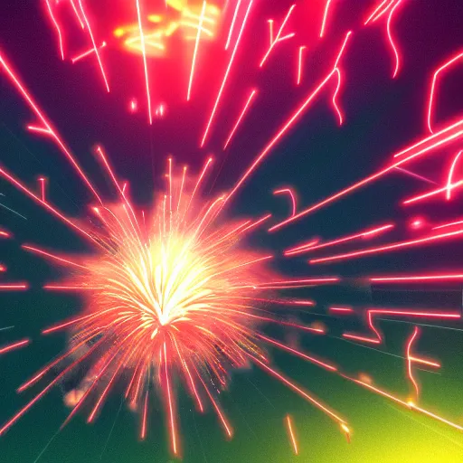 Prompt: isometric neon fireworks exploding over a dark ocean distance octane render 4 k trending on artstation