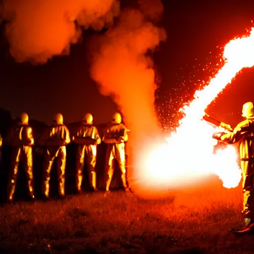 Prompt: men in reflective hazmat suits shooting flamethrowers at dark silhouette aliens, cinematic still