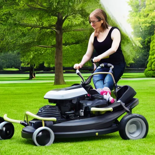 Prompt: award winning photo of a lawn mower baby stroller