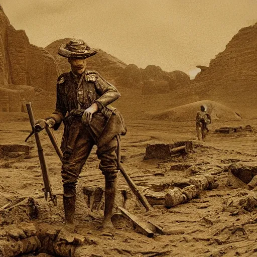 Image similar to ultra detailed photorealistic sepia - toned painting from 1 9 1 7, a british officer in field fear standing at an archaeological dig site in wadi rum, ultra realistic, painted, intricate details, lovecraft, atmospheric, dark, horror, brooding, highly detailed, in the style of clyde caldwell