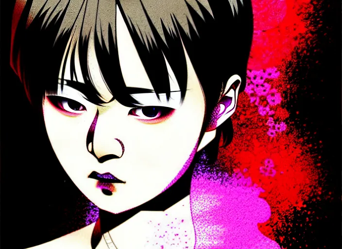 Image similar to editorial illustration colorful, anime portrait of shiina ringo, katsuhiro otomo, manga, ilya kuvshinov, fine texture, realistic shading, fine details, matte colors, film noir, dramatic lighting, dynamic composition, mucha, moody, vivid, volumetric, stippled lighting