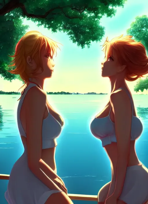 Prompt: two beautiful mothers out by the lake on a humid summer day, gorgeous faces, thick lines, cinematic lighting, detailed anime art