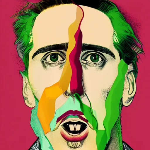 Prompt: a detailed digital art of hypnotic nicholas cage smoking weed in the style of francis bacon and paul nash, 8k,sharp, award-winning art, cgsociety, artstation, rack focus, optical art