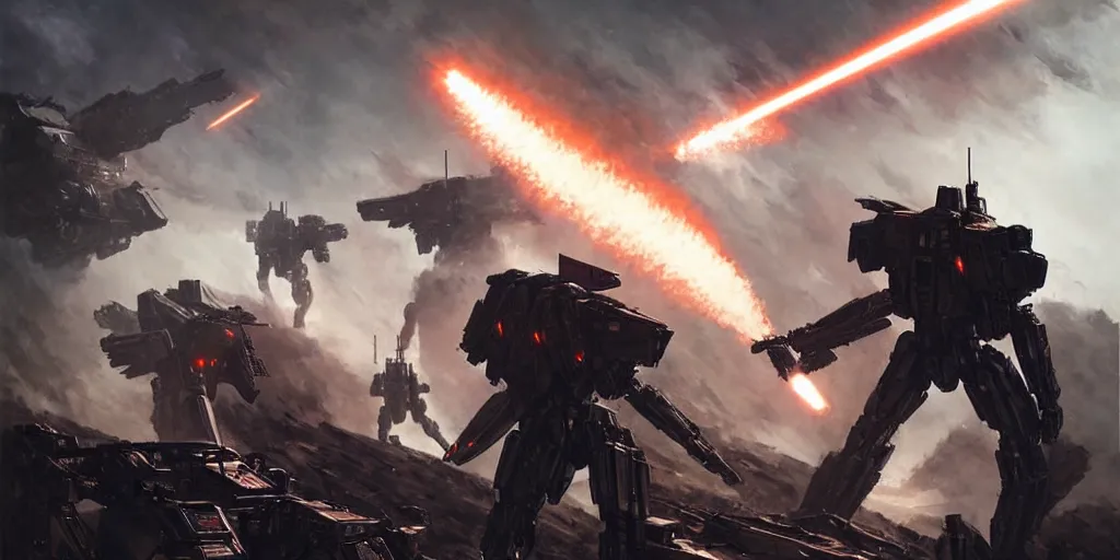 Image similar to an armored core v on the ground, booster flares, legs, laser rifles, karst landscape ; cinematic contrast, dynamic backlighting, sharp edge, motion blur, art by greg rutkowski