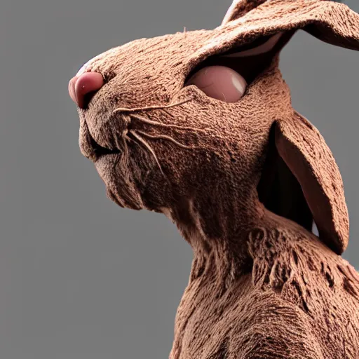 Image similar to a realistic clay sculpture of a very scary bunny with sharp teeth made by michelangelo, standing in times square, 3 d render, hyper detailed, sharp focus, 8 k resolution