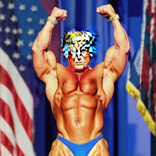 Prompt: dynamic lighting portrait colorful award winning photo President Trump flexing at a body building contest wearing a leopard print thong standing on stage. His golden hair combed over, golden hour portrait, classical art style