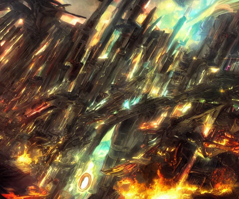 Image similar to neo tokyo, high fantasy, xenoblade chronicles, concept art, video game, phoenix flames