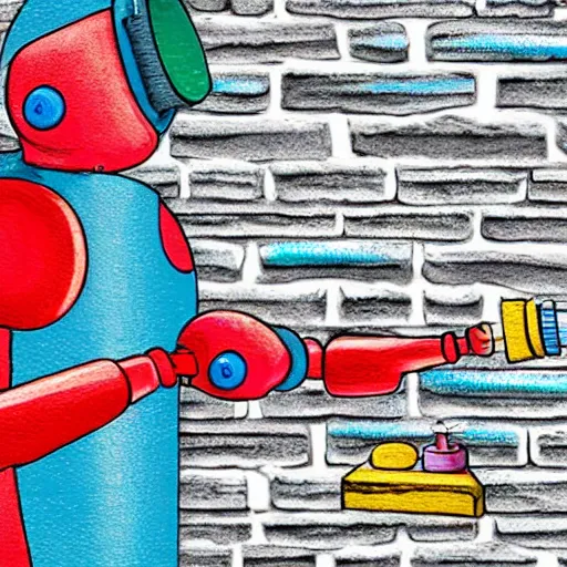 Prompt: detailed colored illustration of a gum-ball dispensing robot spray painting a brick wall with 80s coloured paint