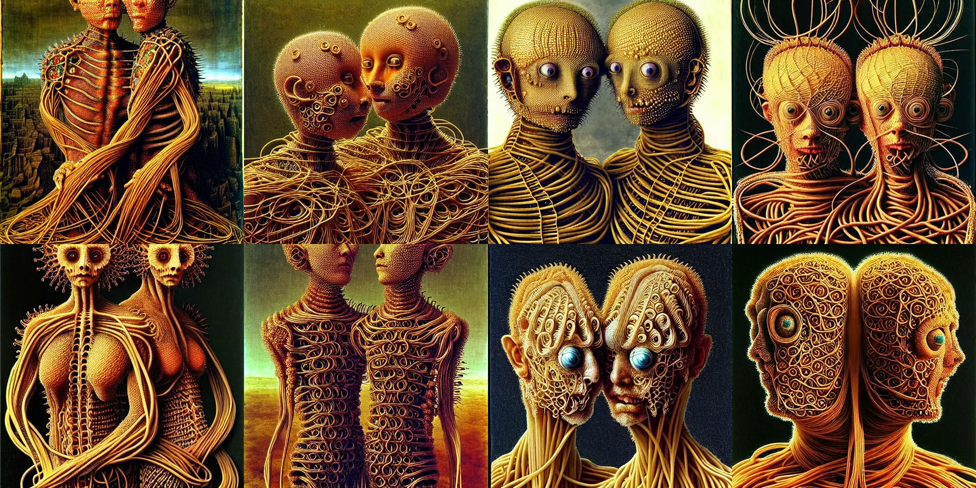 Prompt: 1 0 mm, siamese twins made of spaghetti, intricate armor made of fractals of spagetthi, highly detailed, by giuseppe arcimboldo and ambrosius benson, renaissance, a touch of beksinski, realistic