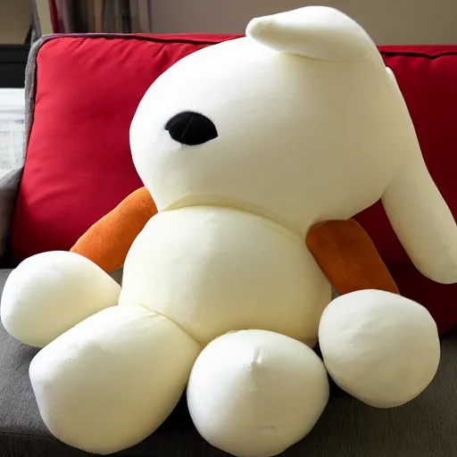 Image similar to Overstuffed plushy, fat stuffed animal bursting at the seams with cotton stuffing, round body, gigantic, worn out