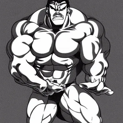 Image similar to a large muscular and beefy man, posed flexing his muscles. tan skin, manga illustration, 2 0 0 7