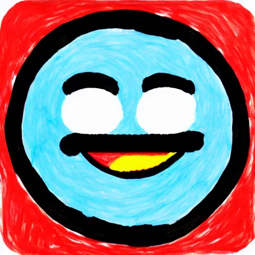 Prompt: child drawing of red eyed emoji face smiling with thumb up
