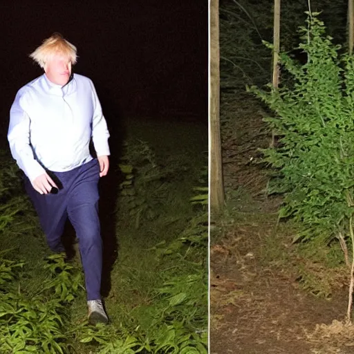 Image similar to Trail Cam footage of Boris Johnson Stealing a small tree sapling at nightime