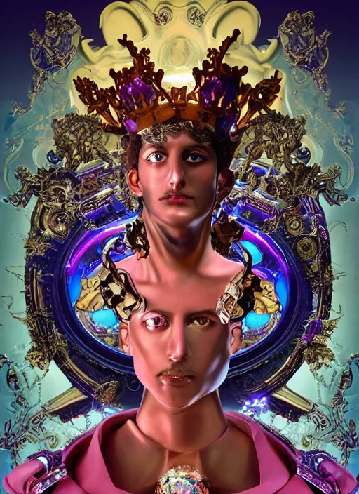 Image similar to baroque and cyberpunk style full-body sculpture of a young seductive Hispanic prince half android with a chest exposing a glowing ruby battery, glowing pink seductive laser eyes, crown of blue gears and diamonds, swirling salmon-colored silk fabric, robotic raptors dinosaurs. baroque elements. full-length view. intricate artwork by caravaggio. art by Artgerm and Greg Rutkowski and Alphonse Mucha, Trending on artstation, cinematic industrial lighting, photorealistic, octane render, 8k, depth of field, 3D
