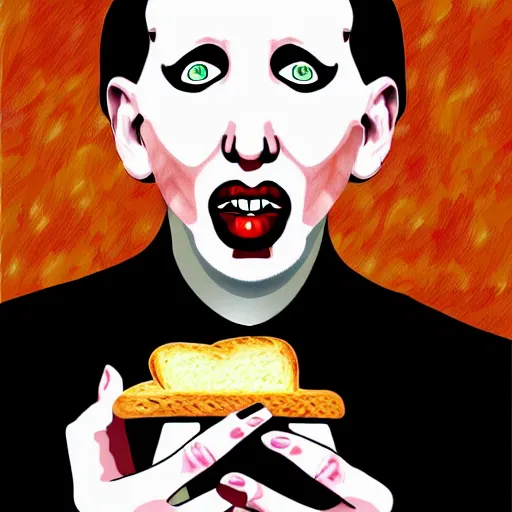 Prompt: digital painting of marilyn manson eating toast