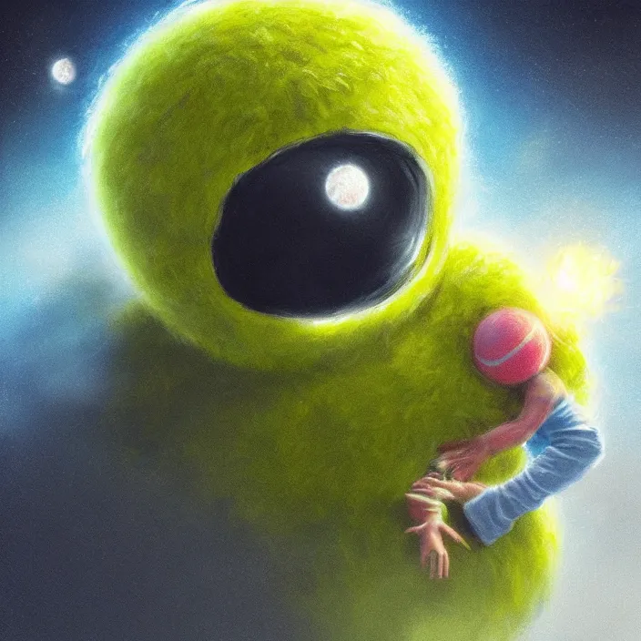 Image similar to cinematic portrait of a cute tennis ball monster in the abyss of space, chalk, masterpiece, trending on artstation, featured on pixiv, cinematic composition, dramatic pose, beautiful lighting, sharp details, hyper - detailed, hd, hdr, 4 k, 8 k, art by basil gogos