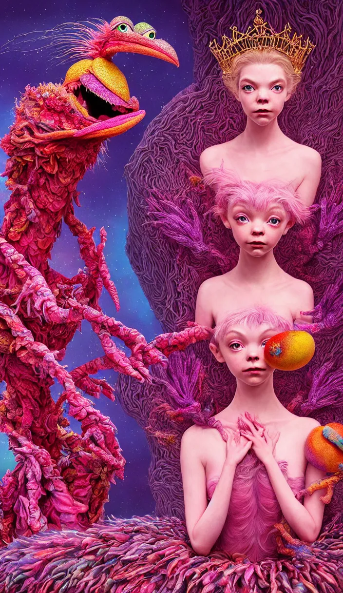 Image similar to hyper detailed 3d render like a Oil painting - kawaii portrait of two Aurora (a beautiful skeksis muppet fae queen from dark crystal that looks like Anya Taylor-Joy) seen red carpet photoshoot in UVIVF posing in scaly dress to Eat of the Strangling network of yellowcake aerochrome and milky Fruit and His delicate Hands hold of gossamer polyp blossoms bring iridescent fungal flowers whose spores black the foolish stars by Jacek Yerka, Ilya Kuvshinov, Mariusz Lewandowski, Houdini algorithmic generative render, Abstract brush strokes, Masterpiece, Edward Hopper and James Gilleard, Zdzislaw Beksinski, Mark Ryden, Wolfgang Lettl, hints of Yayoi Kasuma and Dr. Seuss, octane render, 8k