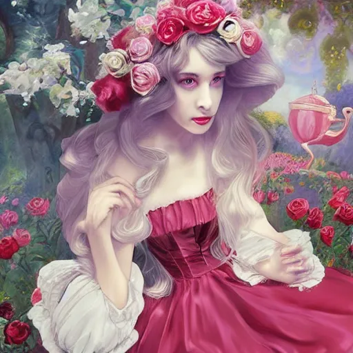 Prompt: Alice in Wonderland at the tea party, she looks like a mix of grimes, Aurora Aksnes and Lana Del rey, childlike, billowing elaborate hair and dress, strings of pearls, surrounded by red and white roses, digital illustration, inspired by a stylistic blend of Aeon Flux, Japanese shoujo manga, and John singer Sargent paintings, hyper detailed, dreamlike, otherworldly and ethereal, delicate, flower petals, super photorealistic, iridescent, prismatic light, extremely fine inking lines