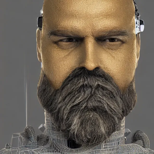 Image similar to highly detailed 3 d model of cybertronic beard man, studio light directed gaze finely detailed model, perfectly symmetrical face, centered, digital painting, artstation, trending on pixiv fanbox concept art, smooth background, sharp focus, illustration, golden ratio,