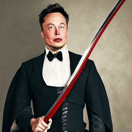 Image similar to photo of elon musk as a musketeer, he has a big black hat with a red feather and he is holding a shiny rapier sword