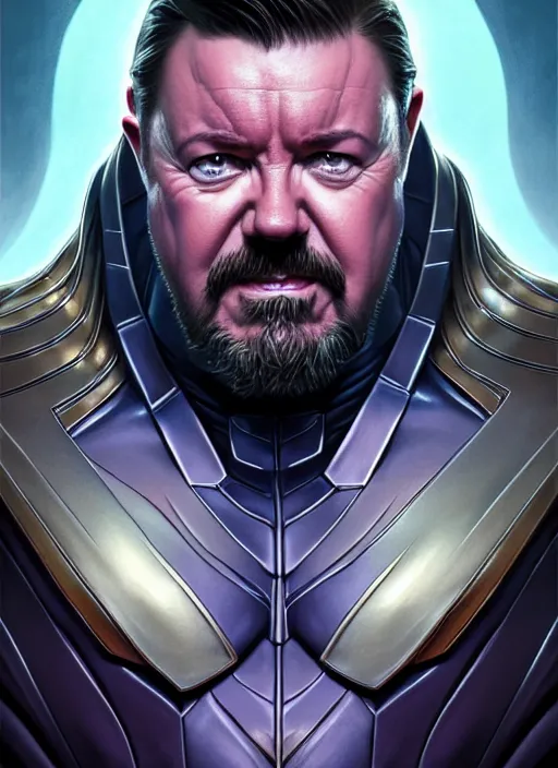 Prompt: portrait of ricky gervais as thanos, muscular! fantasy, intricate, elegant, highly detailed, digital painting, artstation, concept art, smooth, sharp focus, illustration, art by artgerm and greg rutkowski and alphonse mucha