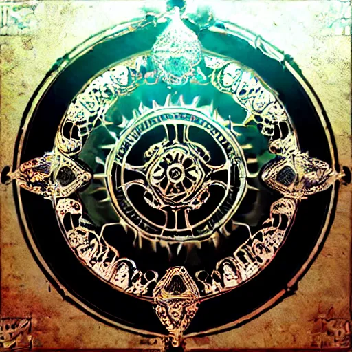 Prompt: symmetrical mandala pattern of machine guns, shotguns, rifles, revolvers, bullets, styled as a tattered paperback cover, ultra-realistic, intricate fluid details,
