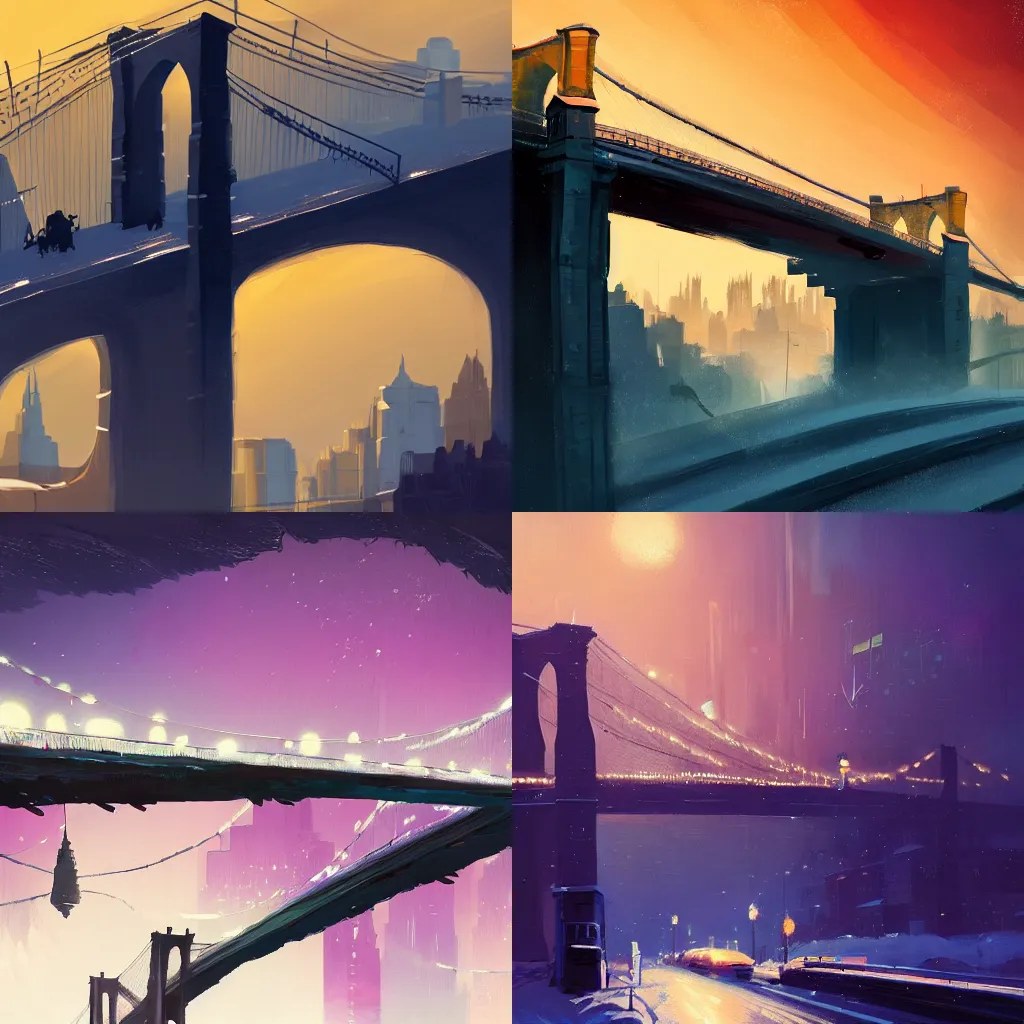 Prompt: brooklyn bridge in the winter by by anton fadeev, Ted Nasmuth, Jessica Rossier, Christian Dimitrov, and Greg Rutkowski trending on artstation