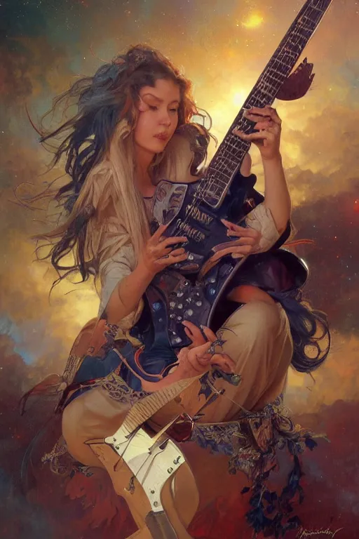 Prompt: fender guitar flying lost in the space, detailed, 8 k, trending on artstation, smooth, sharp focus artwork by mark arian, artgerm, mark keathley, greg rutkowski and alphonse mucha