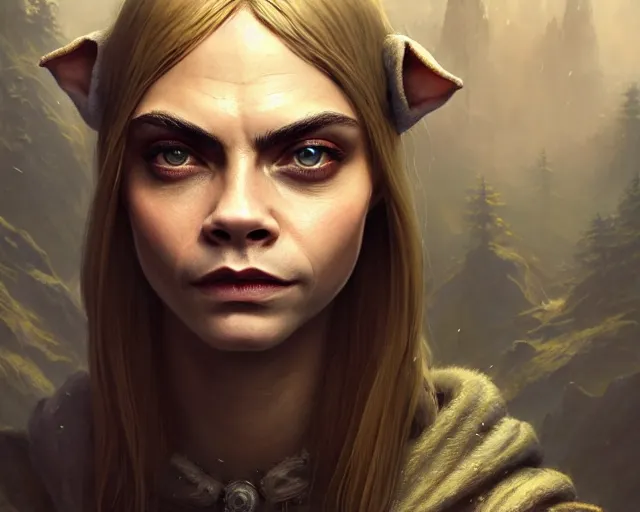 Image similar to highly detailed portrait of cara delevingne as a bald elf, in skyrim, stephen bliss, unreal engine, fantasy art by greg rutkowski, loish, rhads, ferdinand knab, makoto shinkai and lois van baarle, ilya kuvshinov, rossdraws, tom bagshaw, global illumination, radiant light, detailed and intricate environment