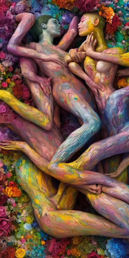 Image similar to closeup photograph of a surrealist sculpture human bodies intertwined, a lovely cornucopia of flowers and human body parts, body parts, paint pour, swirling paint, muted color palette, earth tone colors, skin tones, highly detailed, octane render, cinematic