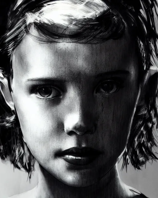 Image similar to close up portrait of millie bobby brown by yoji shinkawa, black and white, dramatic lighting