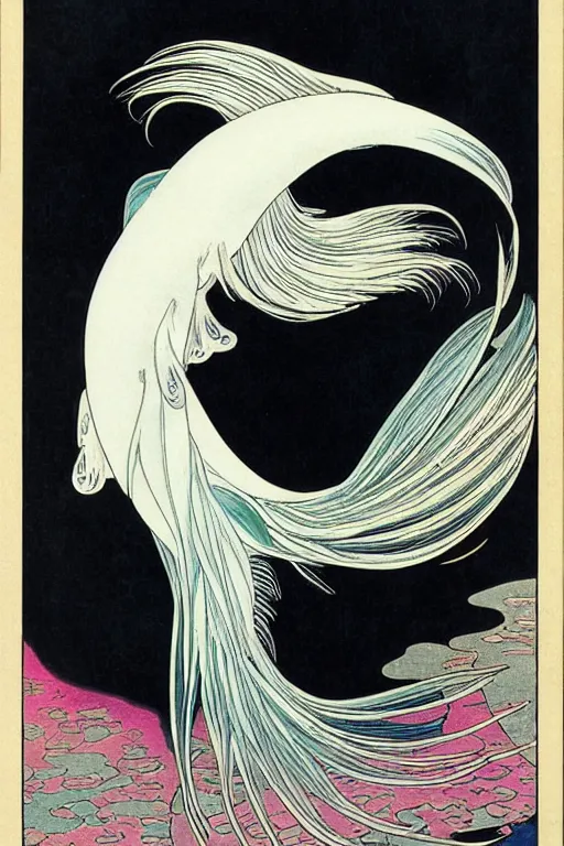 Prompt: a graceful iridescent white betta fish with long swirling fins, black-water-background, traditional Japanese painting, hiroshige, artstation, alphonse-mucha