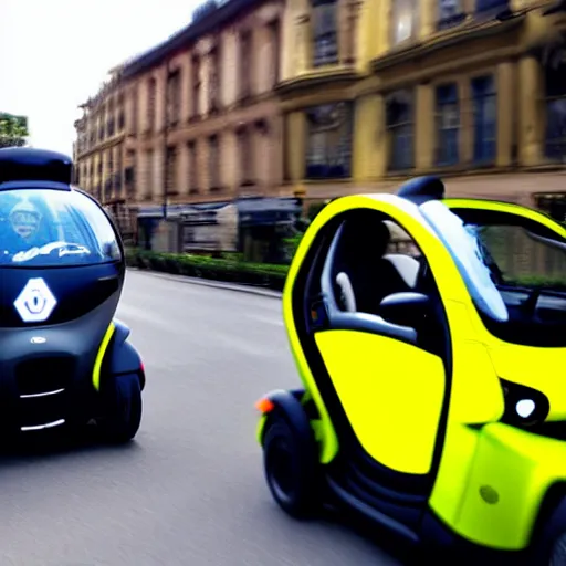 Prompt: photo of a clown driving a renault twizy in traffic jam,