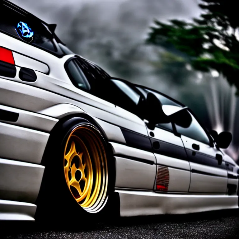 Prompt: close-up-photo BMW E36 widebody illegal JDM meet, Saitama prefecture, misty night, cinematic color, photorealistic, high detailed wheels, highly detailed bodywork,