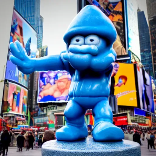 Image similar to a photograph of a very detailed renaissance sculpture of walter white wearing a smurf hat standing in times square, made by michelangelo, from the distance, hyper detailed, sharp focus, 8 k resolution, ray tracing