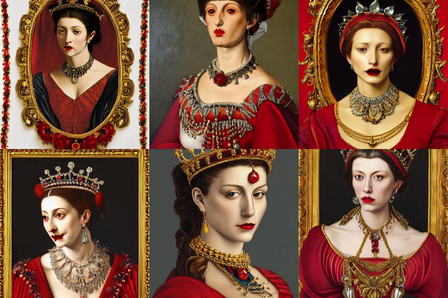 Image similar to A extremely highly detailed majestic hi-res beautiful head and shoulders painting of a beautiful bloody vampre woman with fangs wearing a long royal red silk dress, the crown jewels is on her head and around her neck is a ornate golden necklace decorated with diamonds and rupees by Michelangelo Merisi da Caravaggio, high detail, hyperrealistic, photorealistic, octante render, cinematic, high textures, royaltly, royal, hyper sharp, 4k insanely detailed and intricate, hypermaximalist, 8k, hyper realistic, super detailed, 4k HDR hyper realistic high,