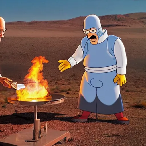 Image similar to walter White and Homer Simpson cooking pizza in the desert with a blowtorch