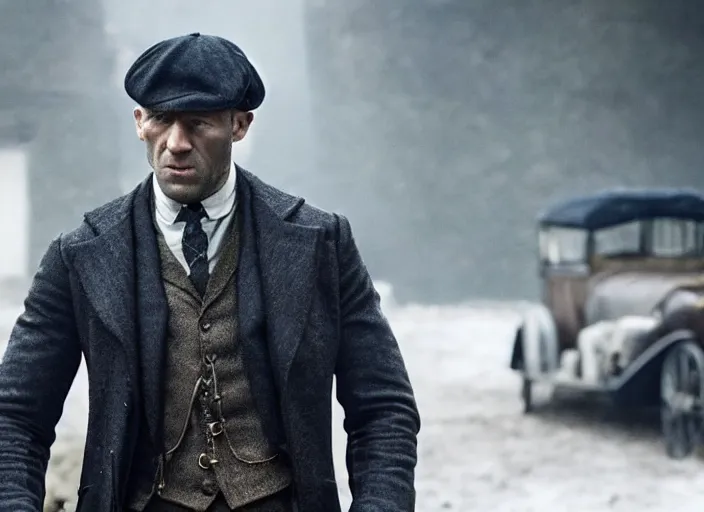 Prompt: film still of Jason Statham!!! as Thomas Shelby in Peaky Blinders, 4k