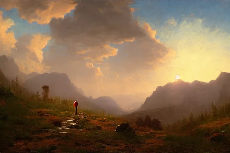 Image similar to a traveler wandering trough the mountains looking at the clouds, very detailed, oil painting, cinematic lighting, albert bierstadt, trending on artstation, colorful, canvas, sunset, hans dahl, grey cloak, brimmed hat, old man