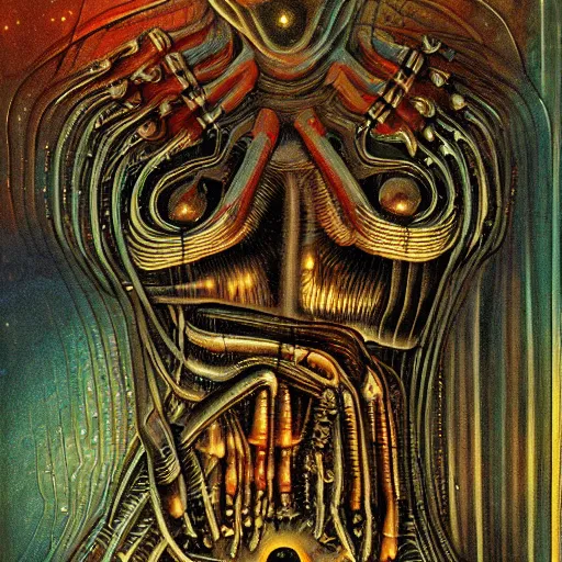 Image similar to Liminal space in outer space by H. R. Giger colorized