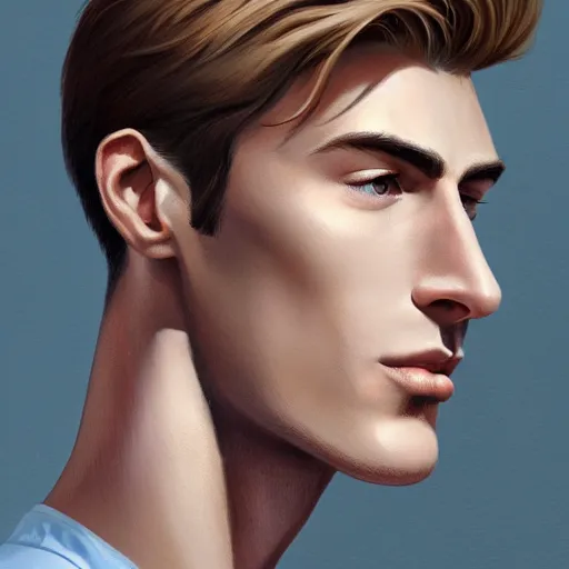 Image similar to tall man in his twenties with brown blond short quiff hair and thin slightly round facial structure with cleft chin, straight eyebrows and prominent nose, good definition of cheekbones, big hazel nut brown eyes, narrow face, slim body, atmospheric lighting, painted, intricate, 4 k, highly detailed by charlie bowater