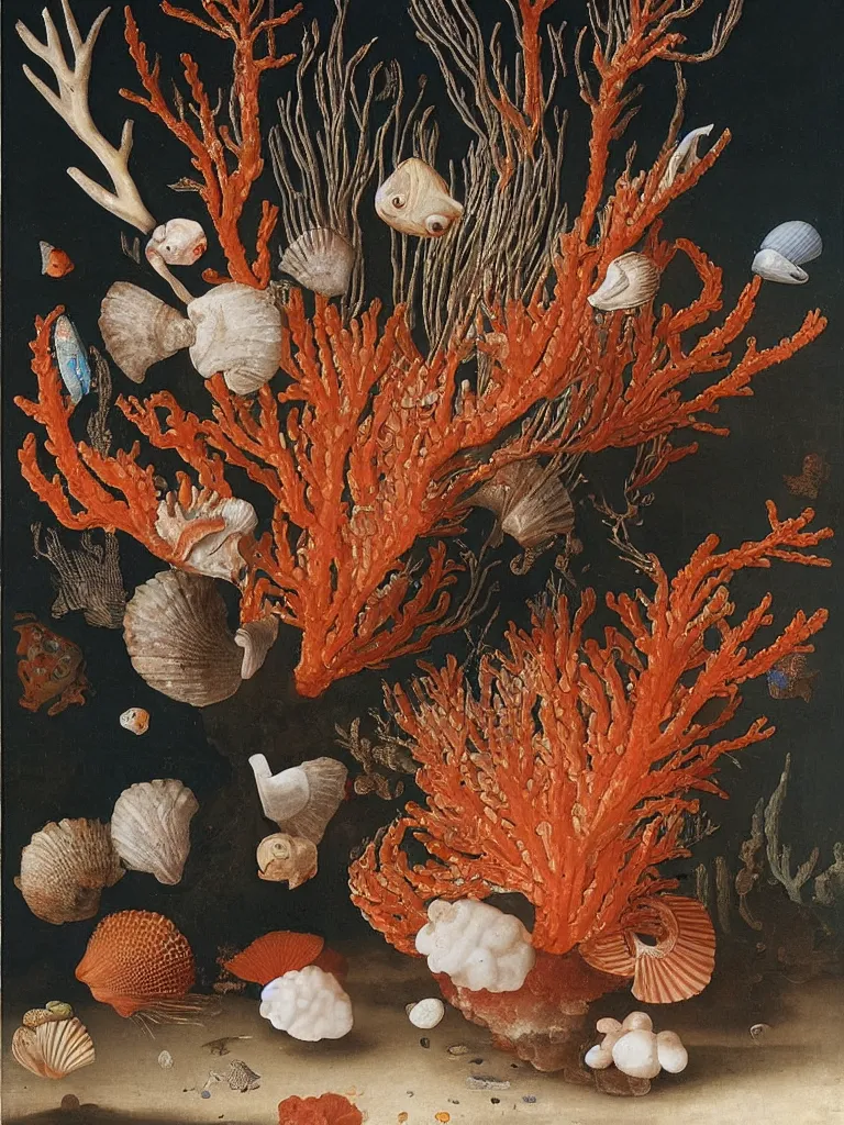 Image similar to Wan-li Vase of Coral under the sea, with shells and fish, Ambrosius Bosschaert the Elder, oil on canvas