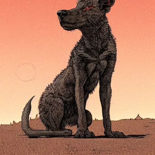 Image similar to wild hungry desert dog, standing in the atacama desert, evil looking, highly detailed, ron cobb, moebius, mike mignola, trending on art station, illustration, comic book