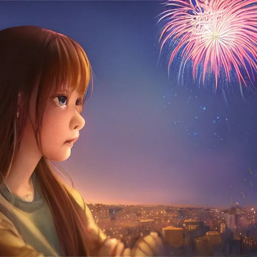 Image similar to girl watching watching fireworks on a hill, digital art, by ben weiner, richard estes, range murata, akiyuki shinbou, yoshitaka amano, wlop, highly detailed, realistic, cinematic, bold colours, dark sky, photorealism, 4 k, wide angle lens, trending on artstation, artgerm