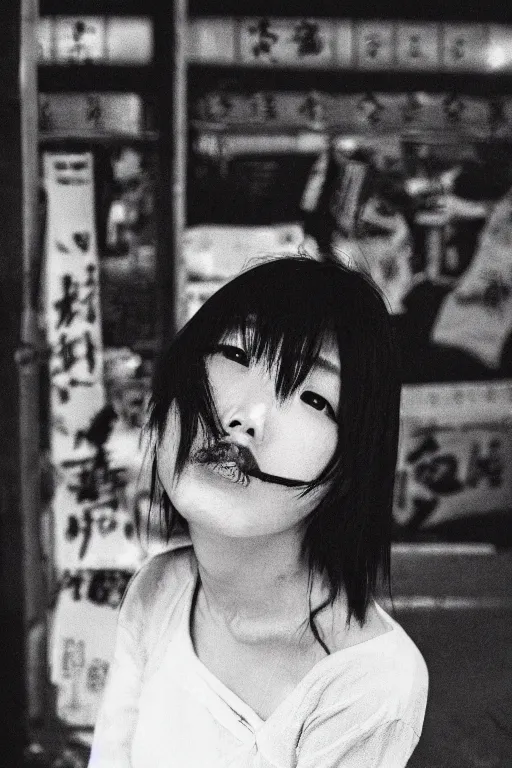 Prompt: a beautiful gorgeous Japanese edgy model girl with short hair, she's sad, sunset, street of Hong Kong, 80mm lens, 1.2 aperture, grainy image, close up, cinematic light, very detailed, depressing atmosphere, cover magazine
