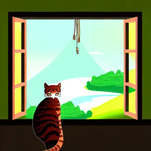 Image similar to a beautiful landscape including a waterfall and a forest through a window, cat sitting on the edge of the window, illustration, digital art, trending on artstation, no signature